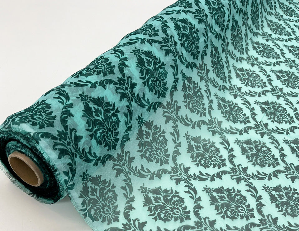 ダマスク柄❢オーダー承ります。 厳選・m単価表示】オーガンジーダマスク柄（グリーン）【奥山
